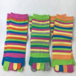 Unisex Toe Socks Set 3 Rainbow Striped Pink Green Orange Blue Yellow Gray